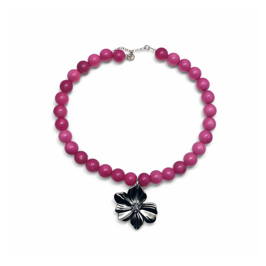 שרשרת אבני חן סגולות עם תליון פרח כסוף