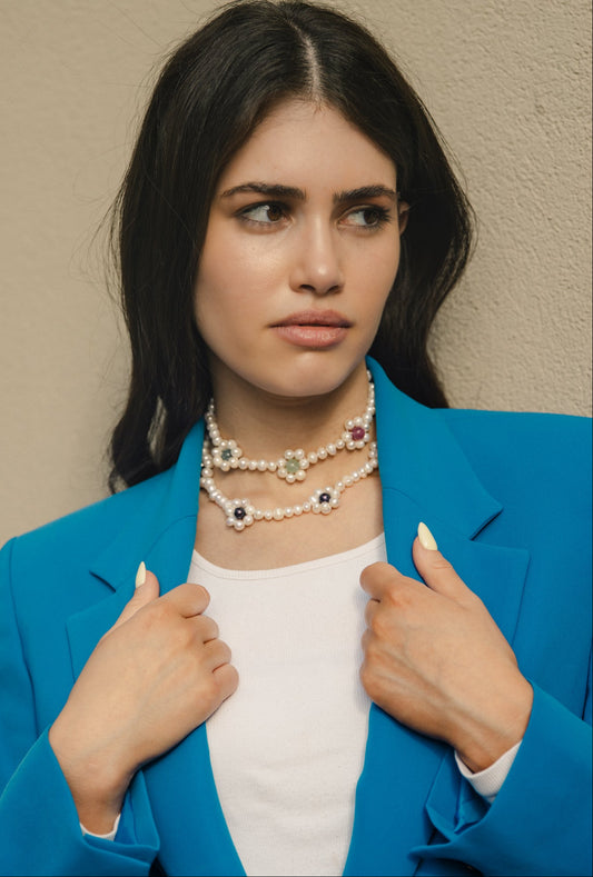 Pearl Flower Gem Necklace | שרשרת פנינים ופרחים בשילוב אבני חן